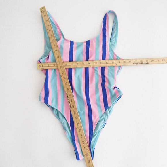 ENVYA Swimwear Pink Teal Stripe One Piece High-Leg Low Scoop Back Swimsuit M - Picture 2 of 12